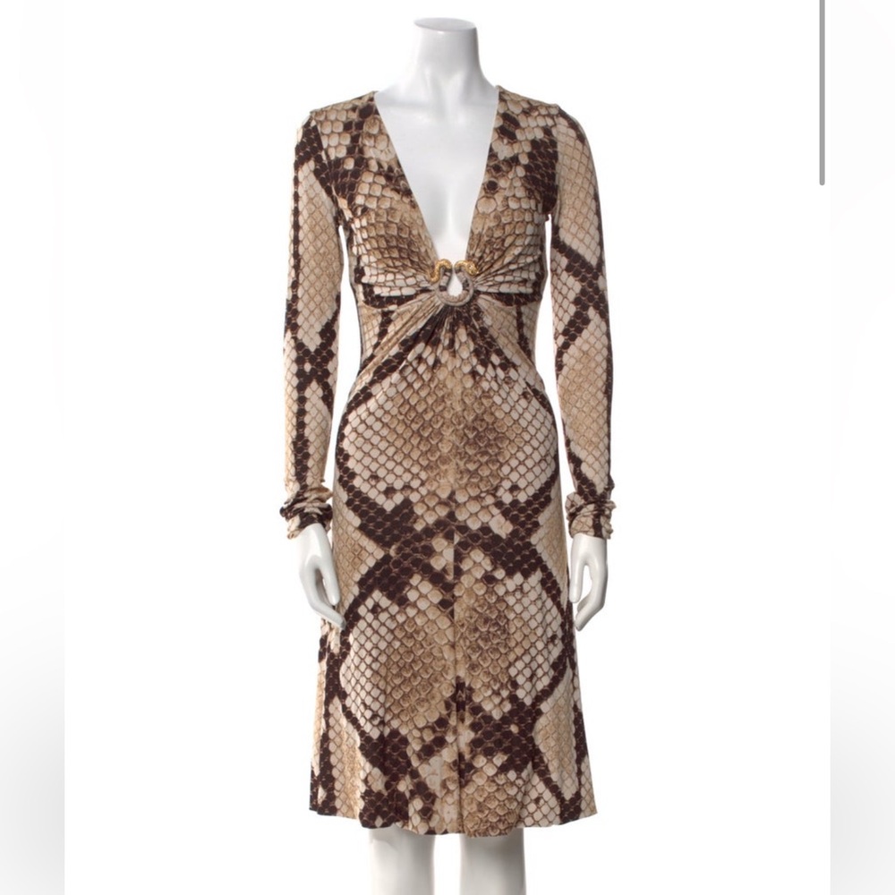 Roberto Cavalli Brown and Cream Long Sleeve Dress